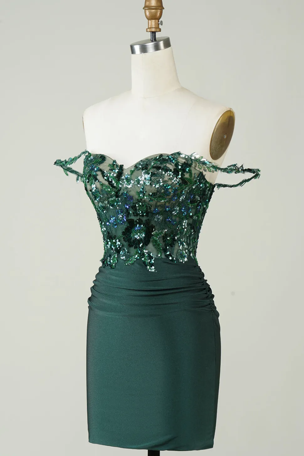 Bainha Única Fora do Ombro Verde Escuro Vestido Curto Homecoming com Apliques