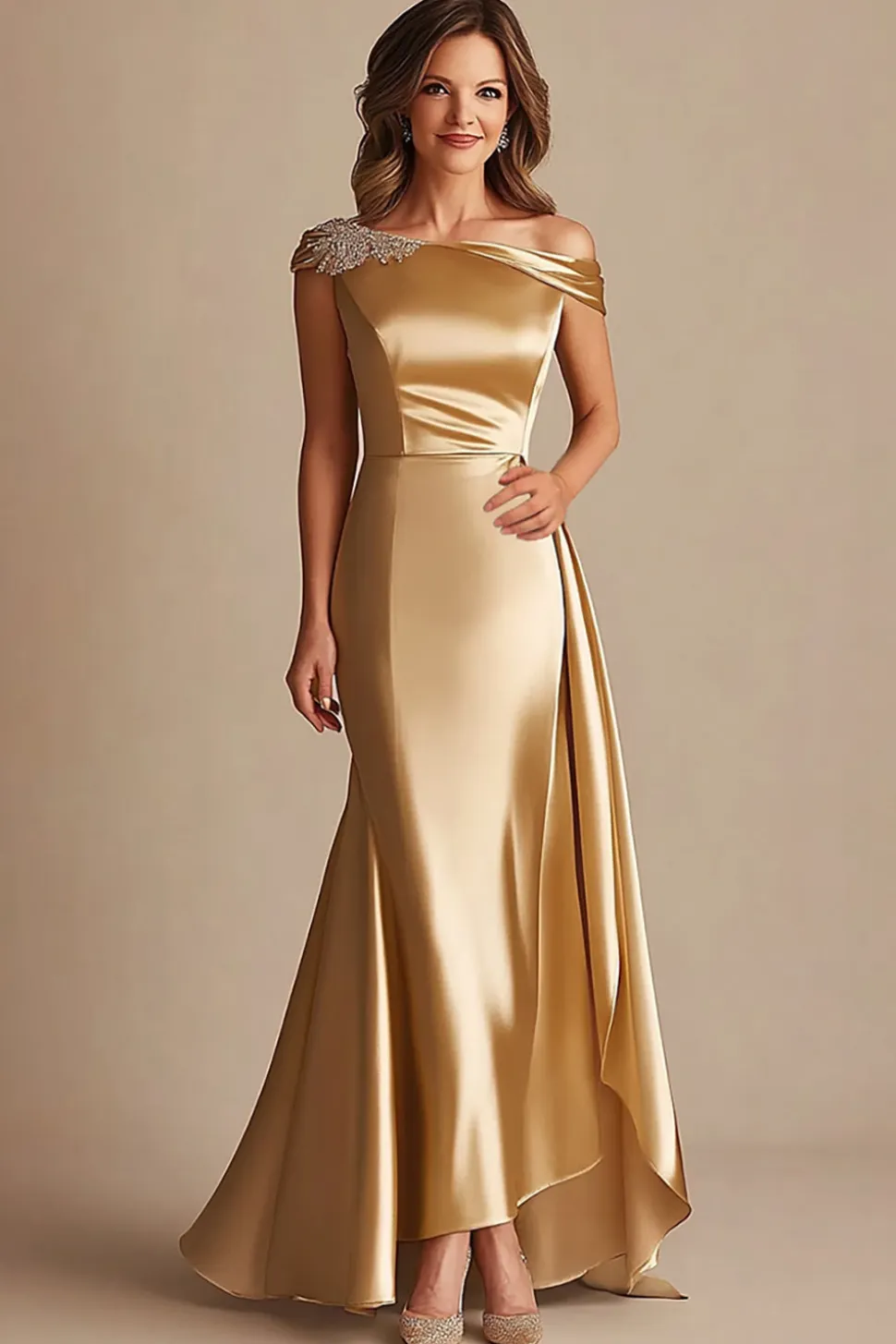 Bainha Ouro Fora do Ombro Cetim Longo Vestido Mae Noiva