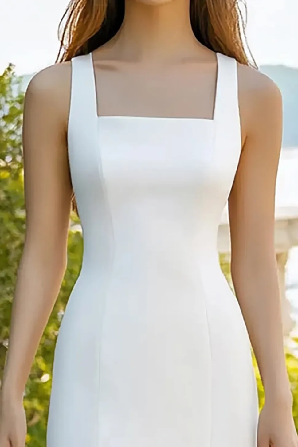 Bainha Pescoço Quadrado Cetim Midi Vestidinho Branco