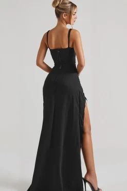 Bainha preta espaguete alças vestido de noite com fenda