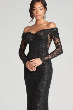 Bainha preta fora da malha de ombro e vestido formal de renda