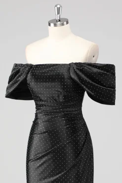 Bainha preta fora do ombro vestido formal com missangas