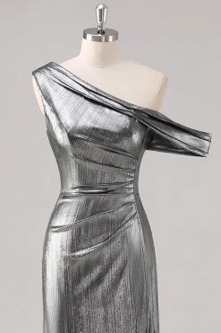 Bainha preta prateada um ombro vestido formal com fenda