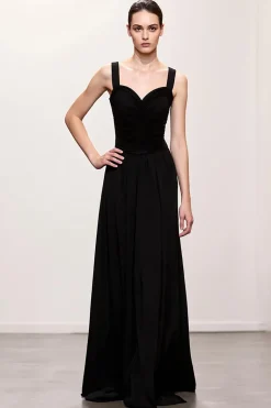 Bainha preta Ruched Correias Vestido de Noite Longo