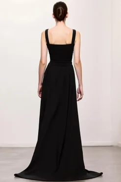 Bainha preta Ruched Correias Vestido de Noite Longo