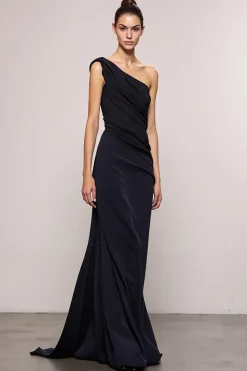Bainha preta sem costas um ombro longo vestido de noite