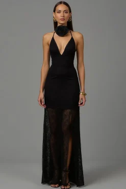 Bainha preta V pescoço longo vestido formal com renda