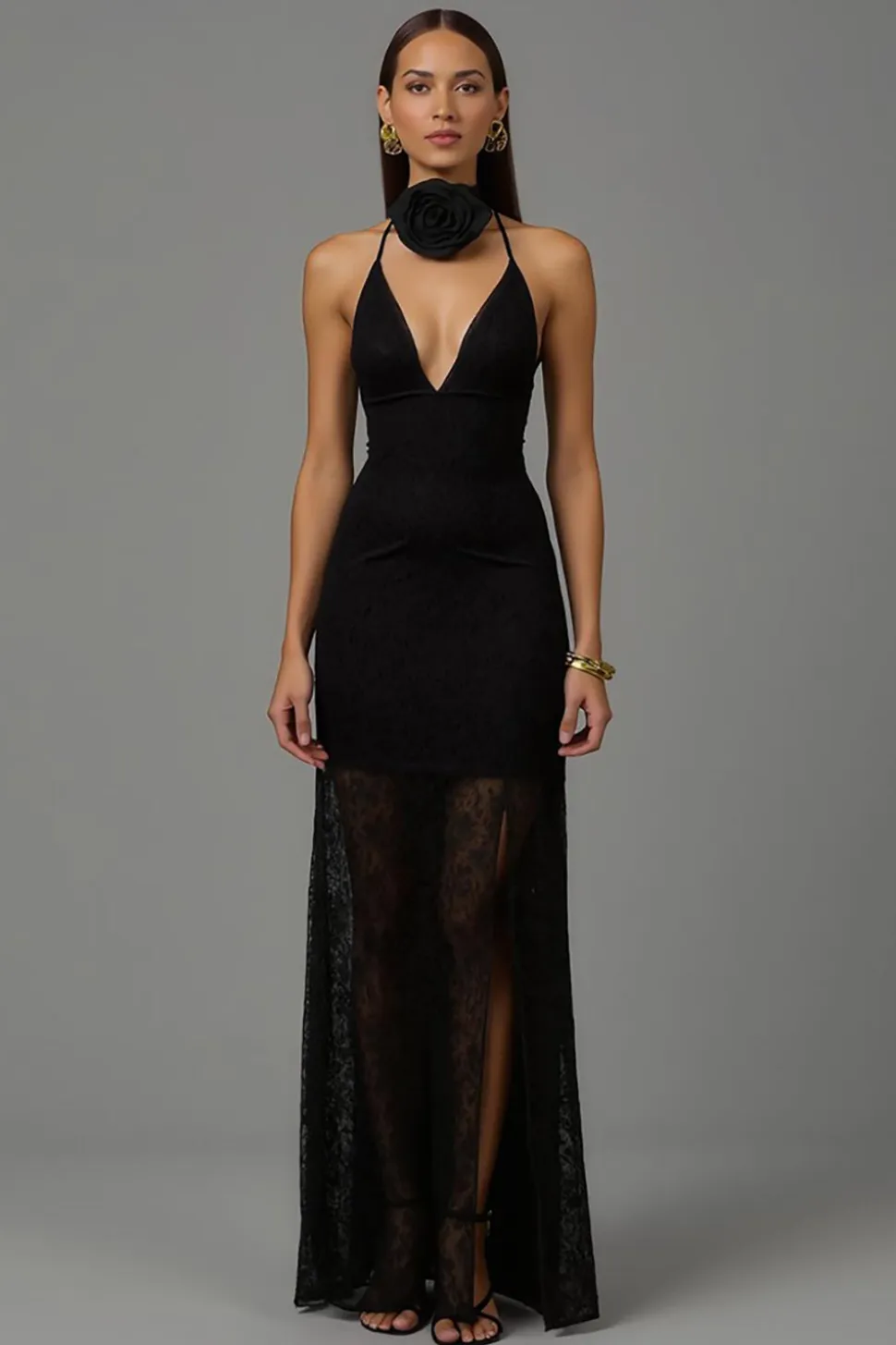 Bainha preta V pescoço longo vestido formal com renda