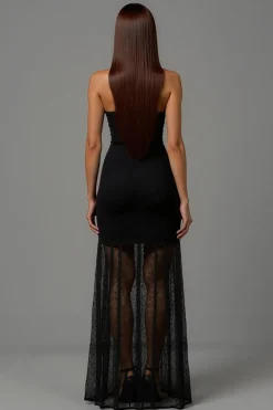 Bainha preta V pescoço longo vestido formal com renda