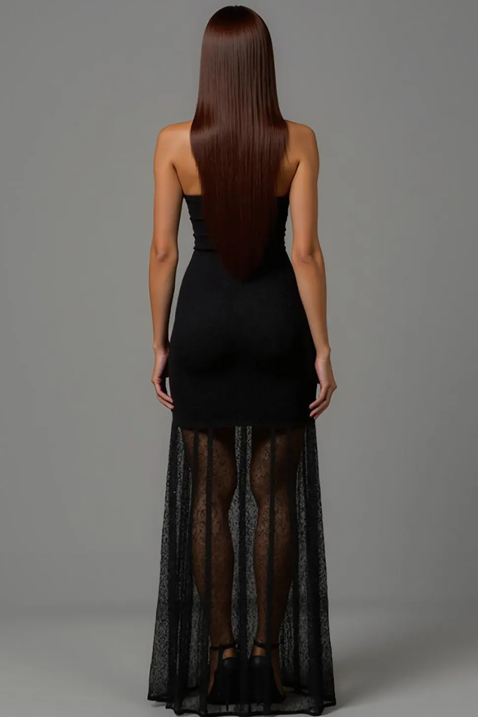 Bainha preta V pescoço longo vestido formal com renda