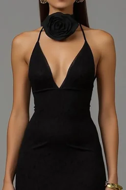 Bainha preta V pescoço longo vestido formal com renda