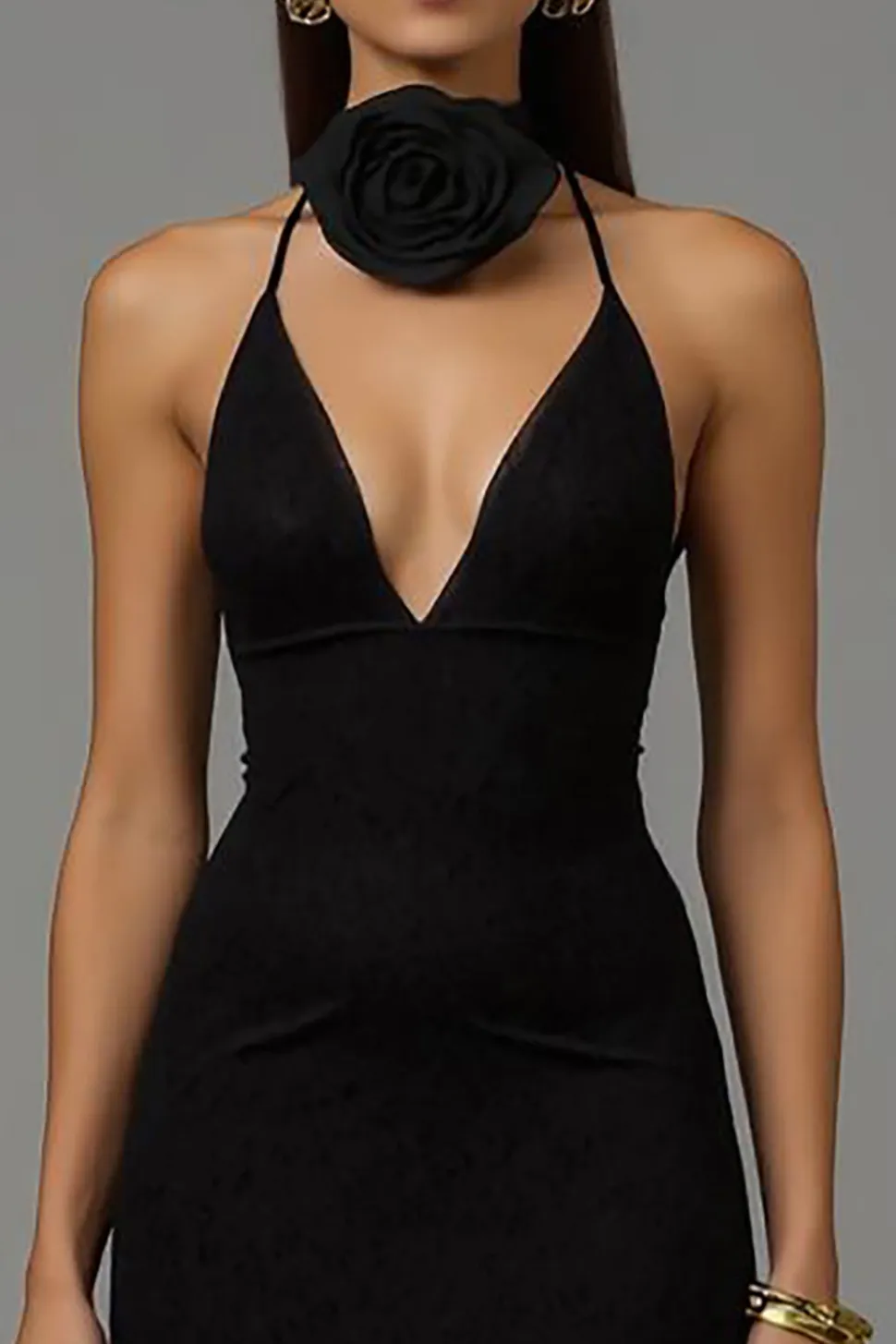 Bainha preta V pescoço longo vestido formal com renda