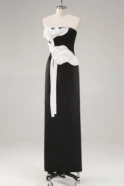 Bainha Preto Sem Alças Longo Floral Vestidos Cerimónia