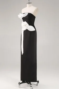 Bainha Preto Sem Alças Longo Floral Vestidos Cerimónia