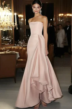 Bainha Rosa Cetim Strapless Vestido de Gala
