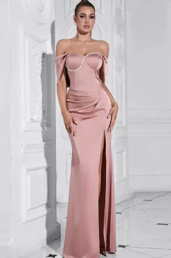 Bainha rosa cinza fora do ombro Ruched Prom Dress com fenda