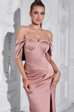 Bainha rosa cinza fora do ombro Ruched Prom Dress com fenda