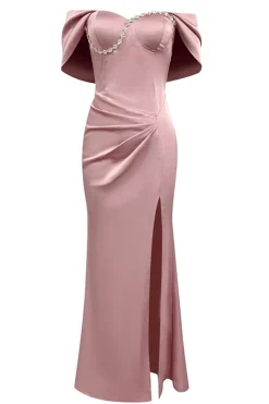 Bainha rosa cinza fora do ombro Ruched Prom Dress com fenda