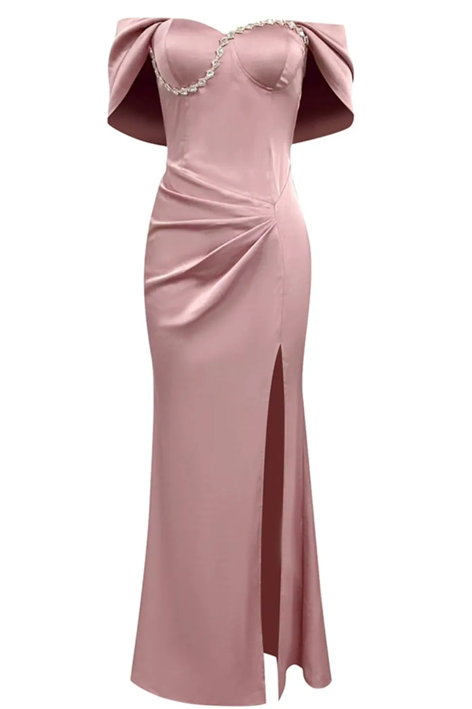 Bainha rosa cinza fora do ombro Ruched Prom Dress com fenda