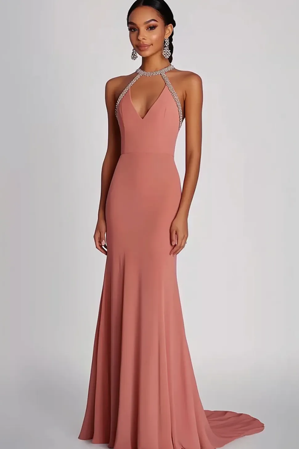 Bainha Rosa Frisado Halter Long Chiffon Vestido Formal