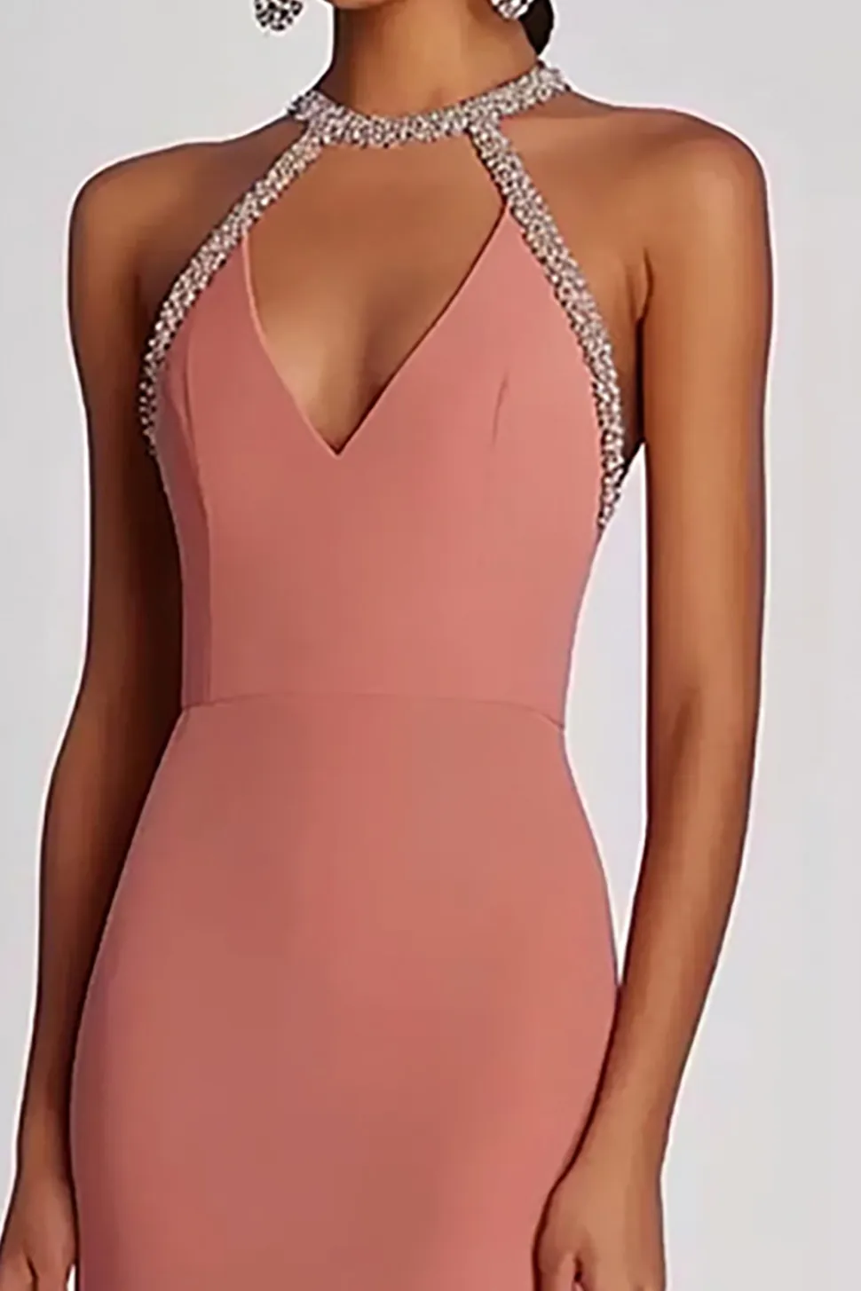 Bainha Rosa Frisado Halter Long Chiffon Vestido Formal