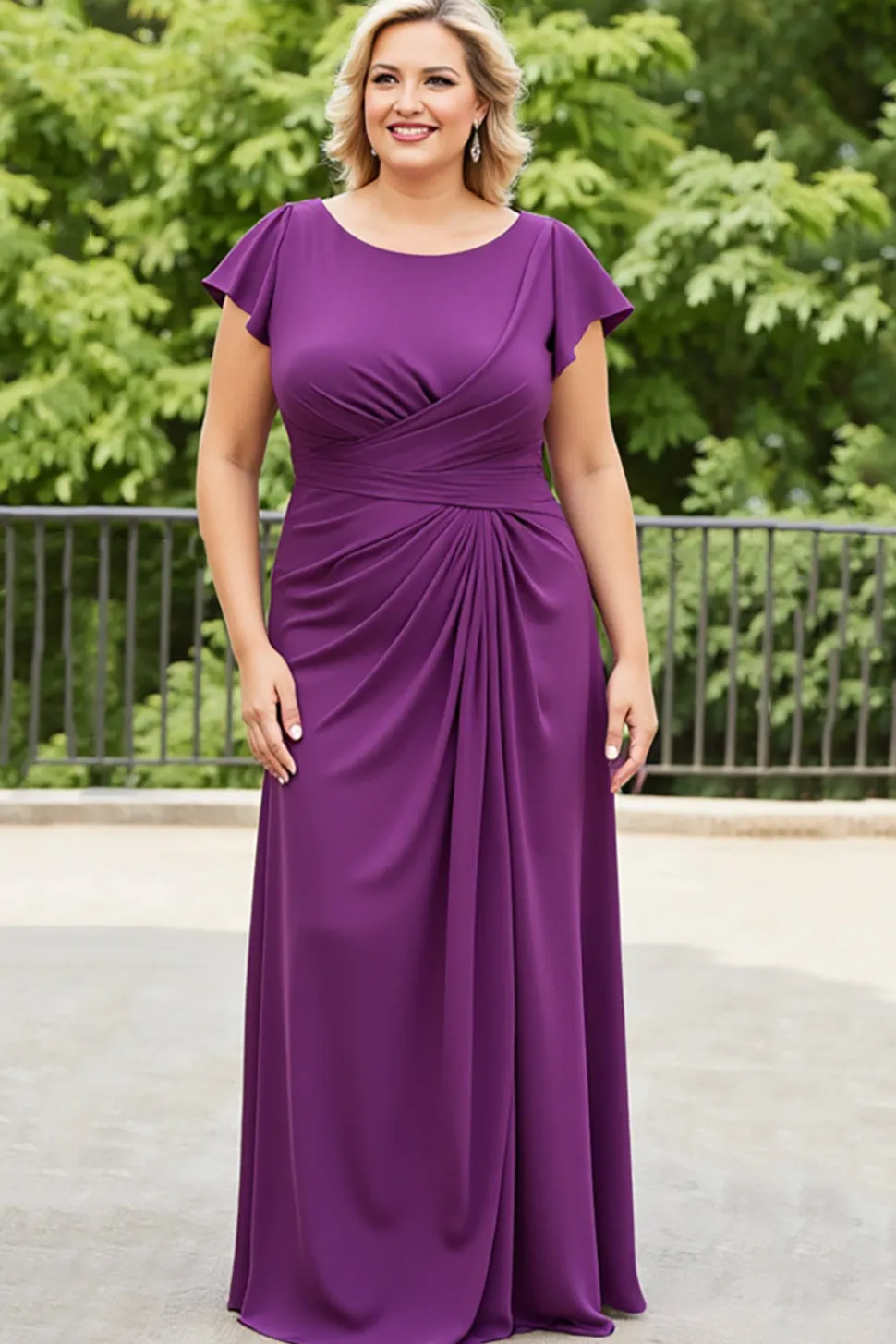 Bainha Roxa Chiffon Pescoço Redondo Tamanhos Grandes Vestido Mae Noiva