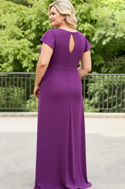 Bainha Roxa Chiffon Pescoço Redondo Tamanhos Grandes Vestido Mae Noiva