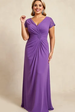 Bainha Roxo Decote em V Chiffon Tamanhos Grandes Longos Vestido Mae Noiva