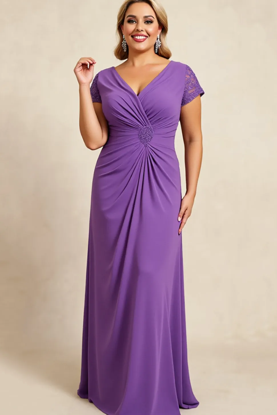 Bainha Roxo Decote em V Chiffon Tamanhos Grandes Longos Vestido Mae Noiva