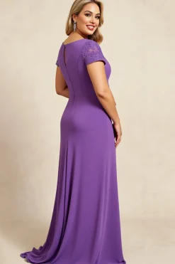 Bainha Roxo Decote em V Chiffon Tamanhos Grandes Longos Vestido Mae Noiva