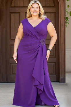 Bainha Roxo Decote em V Chiffon Tamanhos Grandes Longos Vestido Mae Noiva