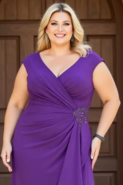 Bainha Roxo Decote em V Chiffon Tamanhos Grandes Longos Vestido Mae Noiva