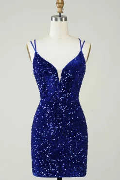 Bainha Royal Blue Sequins Vestido Curto Homecoming com Criss Cross Back