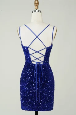 Bainha Royal Blue Sequins Vestido Curto Homecoming com Criss Cross Back