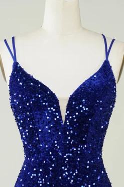 Bainha Royal Blue Sequins Vestido Curto Homecoming com Criss Cross Back