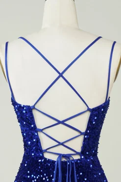 Bainha Royal Blue Sequins Vestido Curto Homecoming com Criss Cross Back