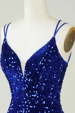 Bainha Royal Blue Sequins Vestido Curto Homecoming com Criss Cross Back