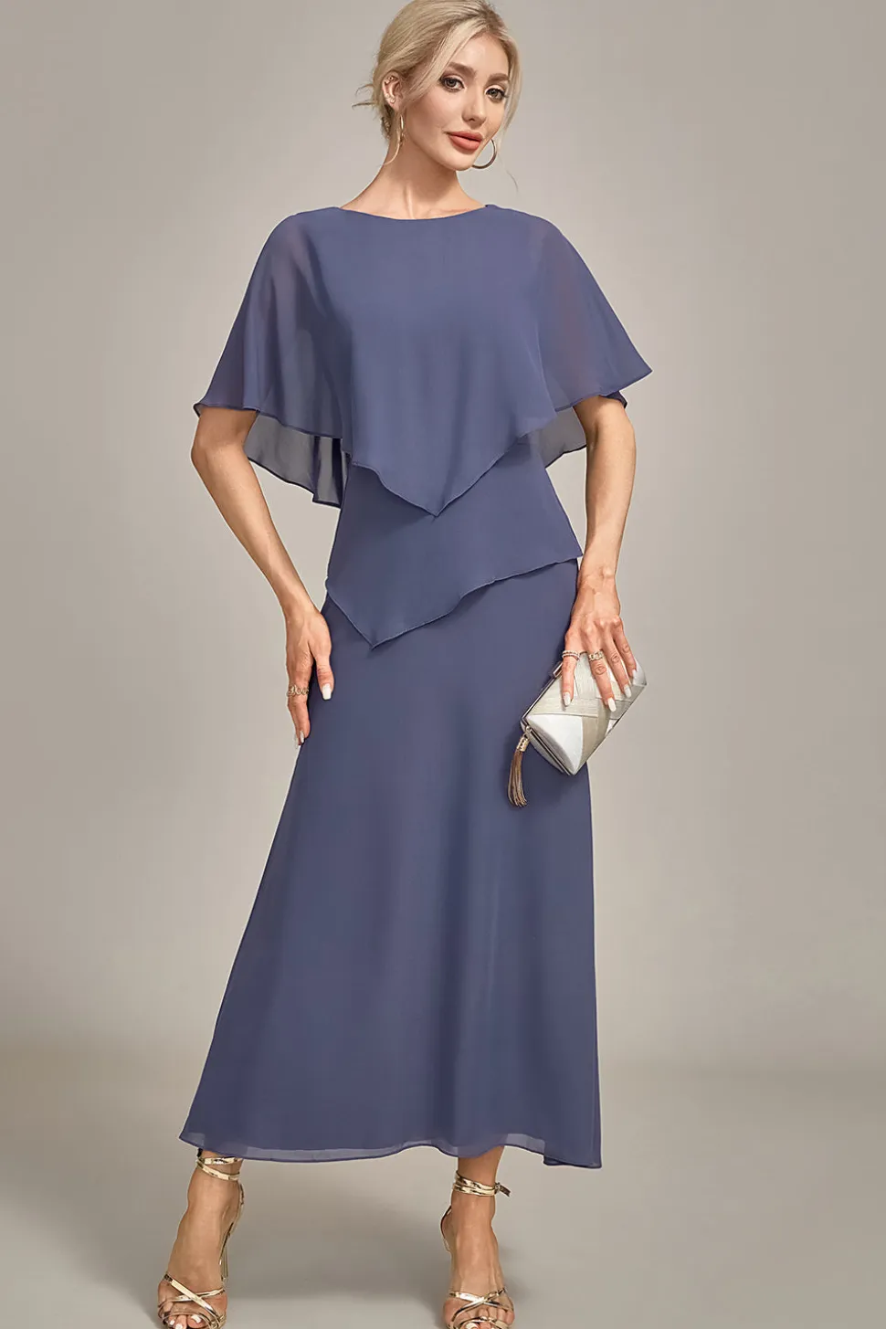 Bainha Scoop Tea-Length Stormy Chiffon Mãe do Vestido da Noiva
