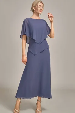 Bainha Scoop Tea-Length Stormy Chiffon Mãe do Vestido da Noiva