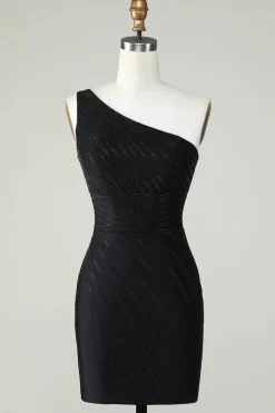 Bainha Um Ombro Preto Vestido Curto Homecoming com Missangas