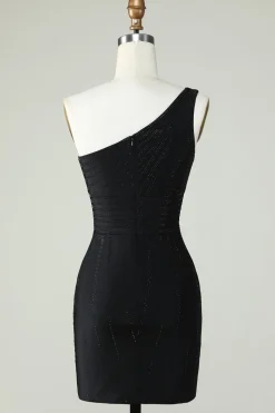 Bainha Um Ombro Preto Vestido Curto Homecoming com Missangas