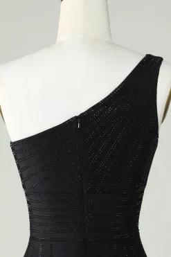Bainha Um Ombro Preto Vestido Curto Homecoming com Missangas