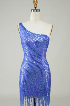 Bainha Um Ombro Sequins Azul Vestido Curto Homecoming com Tassel