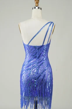 Bainha Um Ombro Sequins Azul Vestido Curto Homecoming com Tassel