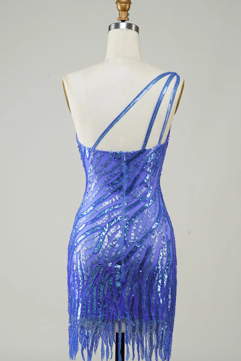 Bainha Um Ombro Sequins Azul Vestido Curto Homecoming com Tassel