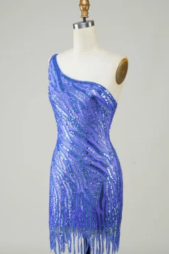 Bainha Um Ombro Sequins Azul Vestido Curto Homecoming com Tassel