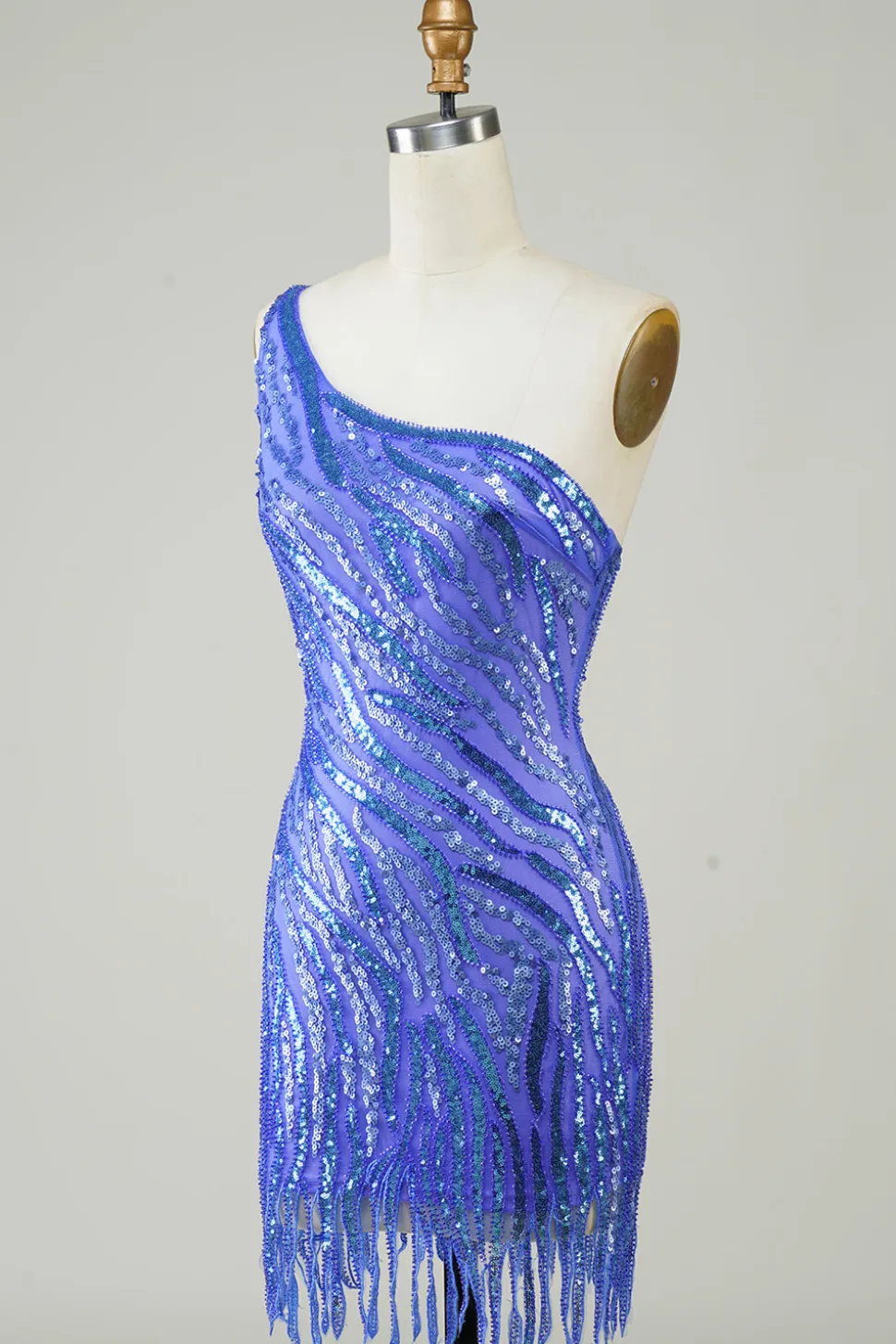 Bainha Um Ombro Sequins Azul Vestido Curto Homecoming com Tassel