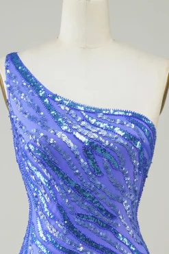 Bainha Um Ombro Sequins Azul Vestido Curto Homecoming com Tassel