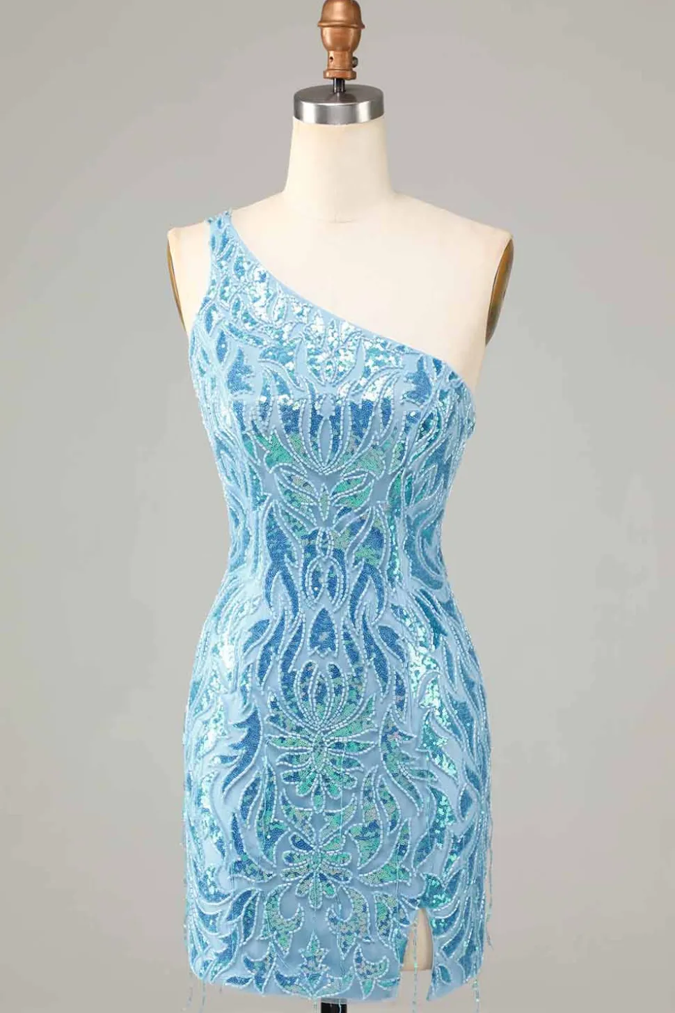 Bainha Um Ombro Sequins Azul Vestido Curto Homecoming com Tassel