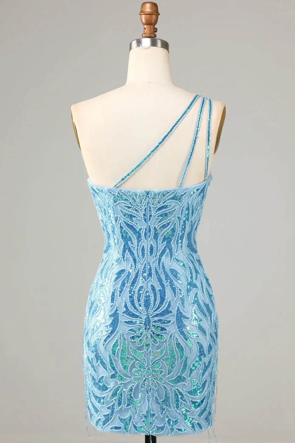 Bainha Um Ombro Sequins Azul Vestido Curto Homecoming com Tassel